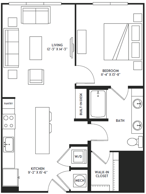 Floor plan for 1 bed, 1 bath, 797 sqft